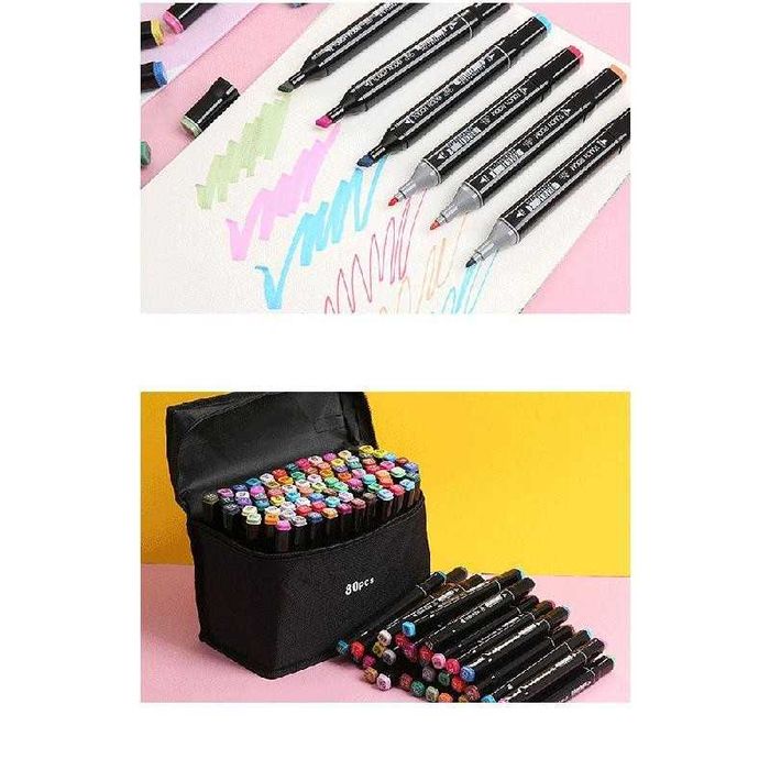 Set 80 carioci cu varf dublu, culori diverse, geanta depozitare