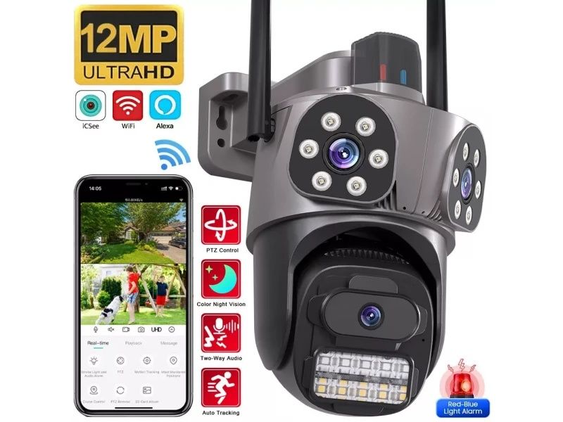 Тройна външна въртяща WiFi AI камера 10MP с три обектива, ICSee, Черна