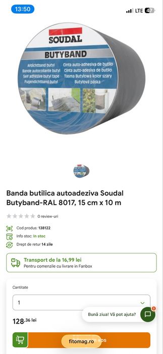 6 role / 100 ron pe rola / Banda butilica autoadeziva Soudal Butyband-RAL 8017, 15 cm x 10 m