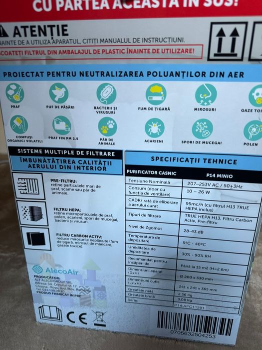 Purificator aer AlecoAir P14 Minio – ca nou, LED ambiental, cu cutie