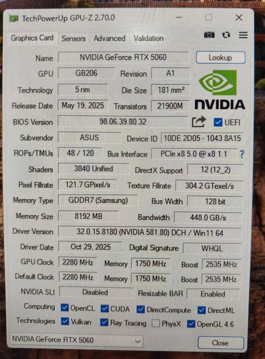 Ryzen7 7800x3d/rtx5060 8gb/32gb ddr5/b650 Gigabyte/512gb ssd nvme /