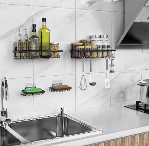 Комплект метални рафтове за душ / баня, 4 части (2 рафта + 2 сапунерки