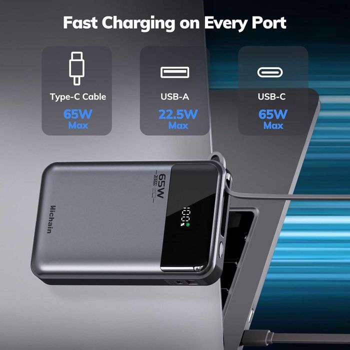 Външна батерия за Лаптоп 65W 20000mAh (С вграден кабел) - Fast Charge