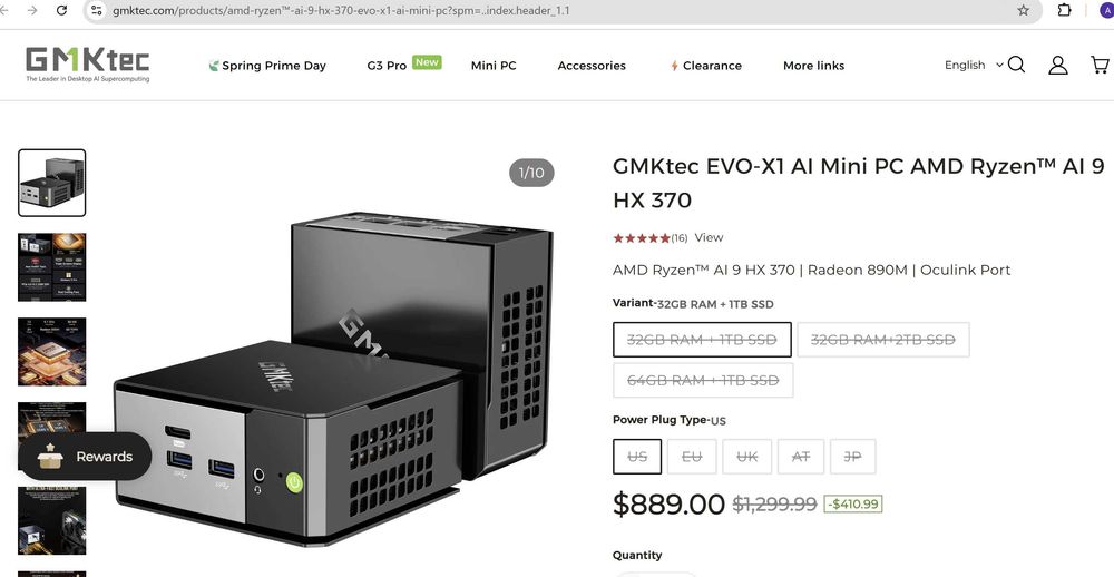 GMKtec EVO X1, Ryzen AI 9 HX 370, 32GB LDDR5X 7500mhz