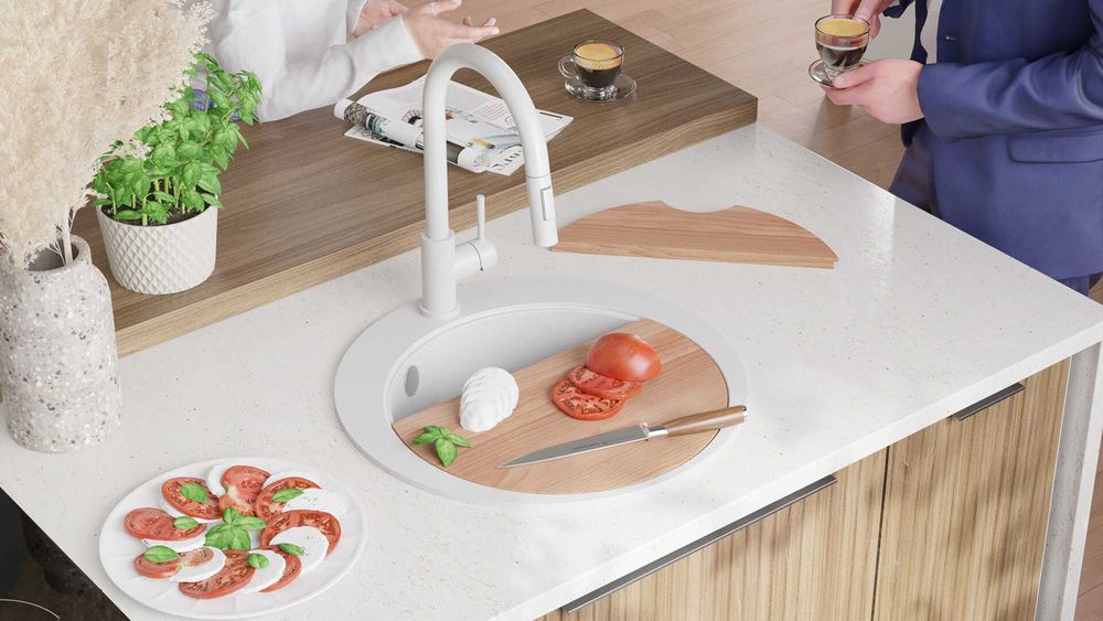 Бяла кръгла кухненска мивка от гранит Пиза 45 Top 500 x 500 мм