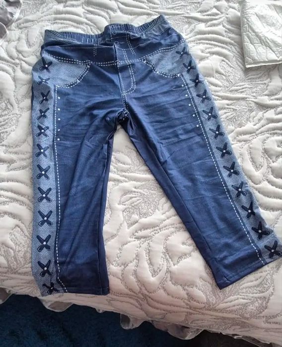Pantaloni imprimați - Nu din țesătură denim Pantaloni imprimați - Nu din țesătură denim Colanți casual imprimați denim Pantaloni de vară pentru femei