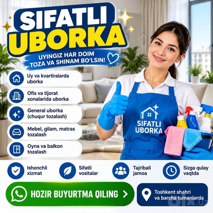 Eng sifatli uborka xizmati bizda.