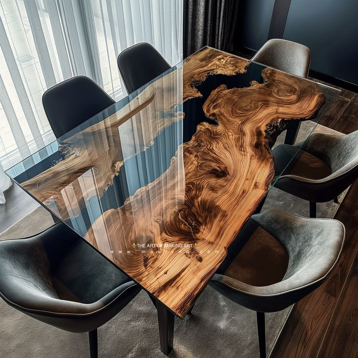 Маса от естествено дърво и епоксидна смола | Холна, трапезна маса