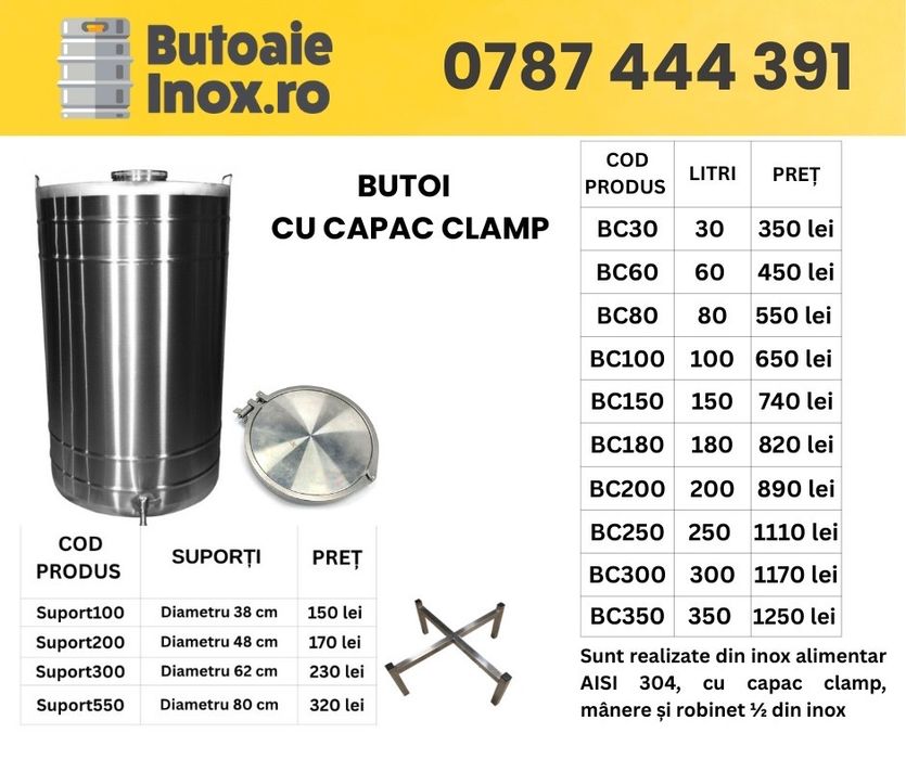 Livrare in toata Romania Butoaie inox butoaie noi si second 30 pana la 350 litri