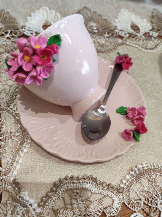 Set cadou ( cană+farfurie+linguriță) cafea handmade