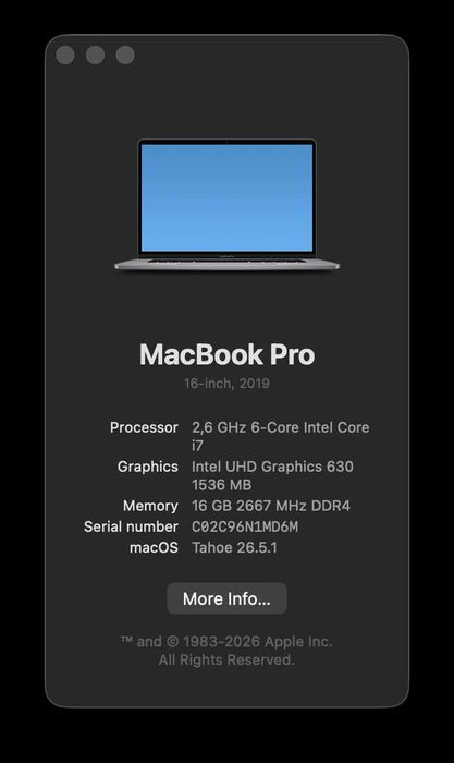 MacBook Pro 16 2019 A2141, i7 2.6GHz, 16GB RAM, 512GB SSD, Radeon Pro 5300M 4GB, Space Gray
