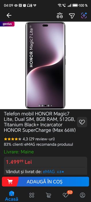 Telefon mobil HONOR Magic7 Lite, Dual SIM, 8GB RAM, 512GB, Titanium Bl