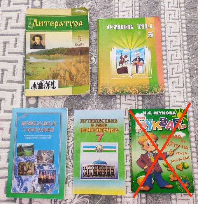 Учебники:литература и узбекский язык 5кл,прикладная география.