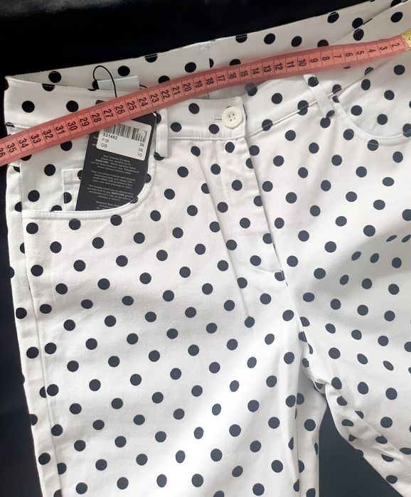 Pantaloni Madeleine M L skinny alb cu buline negre bumbac elastic noi etichetă vara vacanta casual