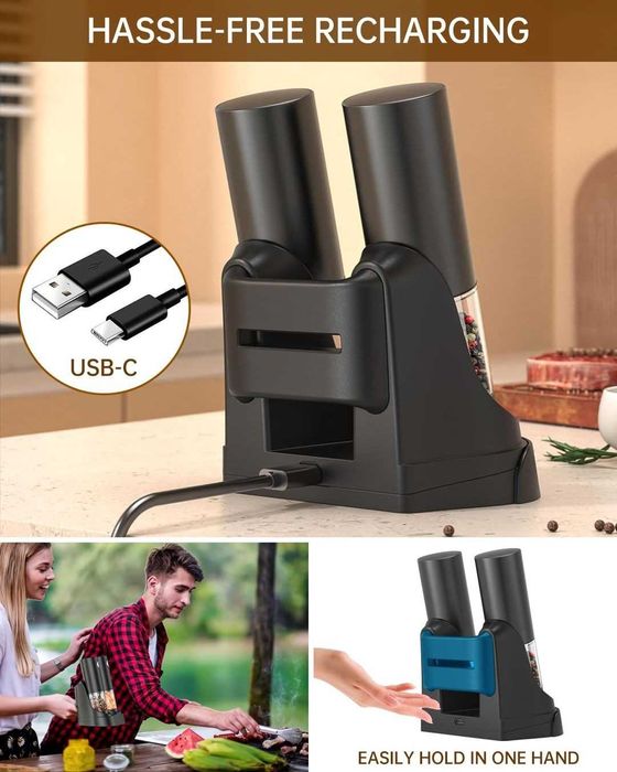 Комплект електрически мелници за сол и пипер със зарядна станция