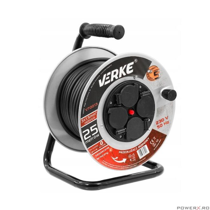 Rola prelungitor cablu cu cadru metalic, 25 metri 3 x 1,5 mm Verke