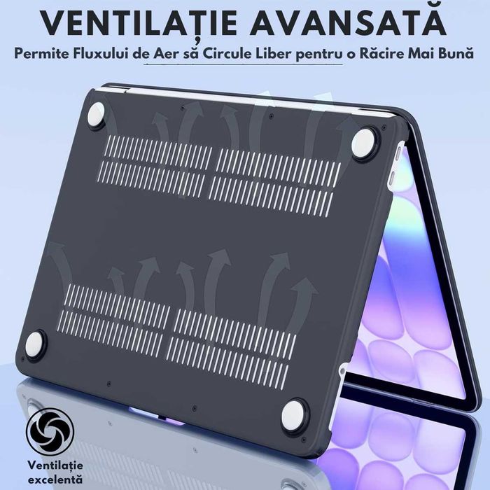 Husa  MacBook Air | PRO, Ventilatie Avansata, Ultra Slim, (2022-2026), Compatibila M2/M3/M4/M5, Modele A2681/A3113/A3240/A3449, Transparenta, Negru