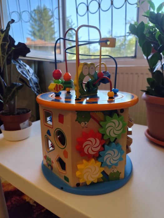 Cub activitati educative copii PROCART, 8 in 1, ceas, labirinturi, abac, forme geometrice, lemn, 1 an +, multicolor
