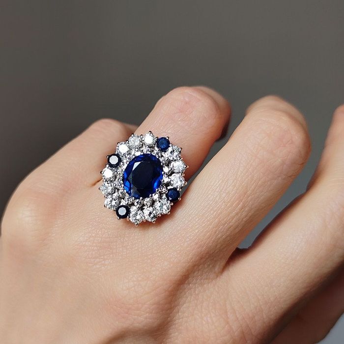 inel vintage, diamante 2.13ct, safire lab grown, aur 18k, certif