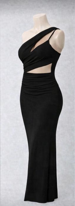 Нова елегантна дълга черна рокля с едно рамо – Размер S