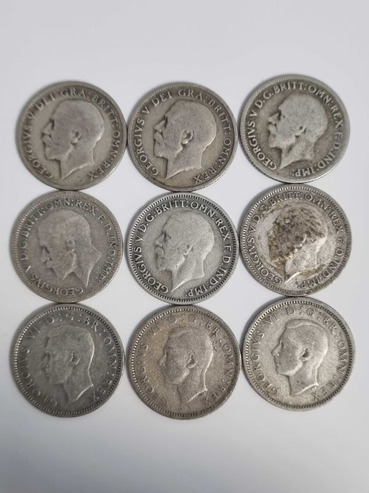 Lot 9 monede Anglia Marea Britanie 9 x 6 pence 1921-1945 argint