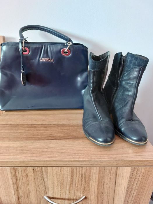 Комплект дамски боти и чанта в тъмносиньо и