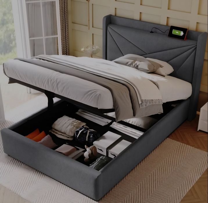 PROMO Pat dormitor 90/200cm, gri, USB