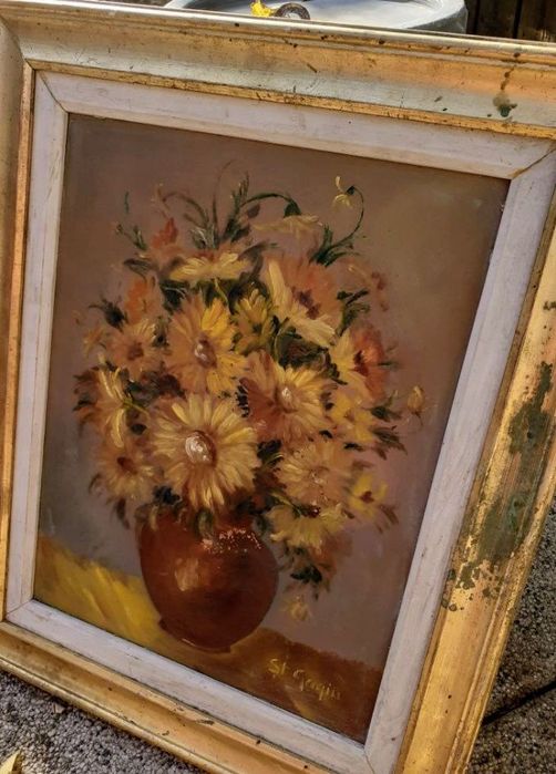 Tablou vechi in ulei . Cadoul perfect. Flori , natura moarta