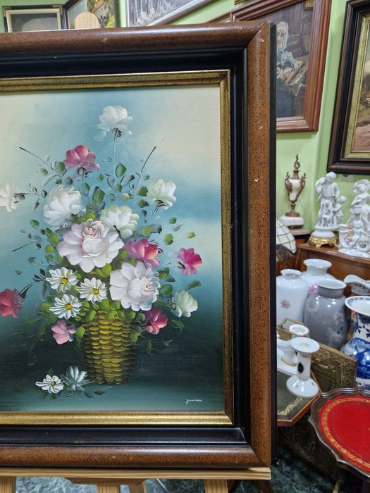 Прекрасна антикварна авторска картина масло платно натюрморт