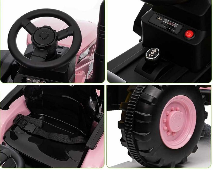 Tractor electric pentru copii Nichiduta Track Red 90W cu telecomanda 2.5G 12V, Remorca detasabila, Centura siguranta, Faruri cu lumini LED,