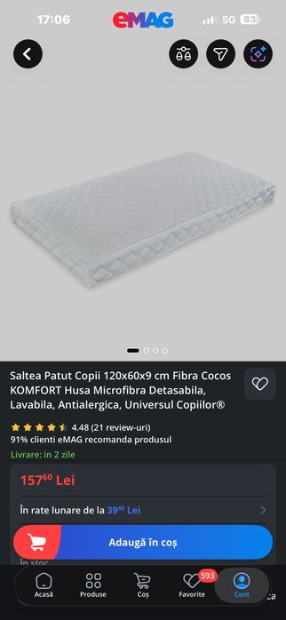 Saltea de cocos pentru patut 120x60x90