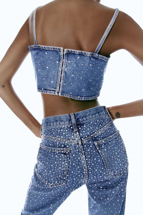 Дънков топ с камъни Zara, XS-S