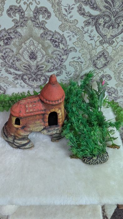 Декор для аквариума домик, растения 3шт