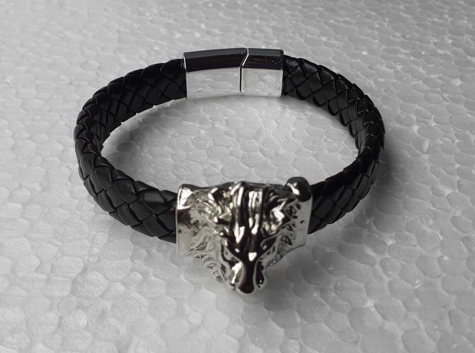 Brățară piele cu cap de leu metalic pentru bărbați