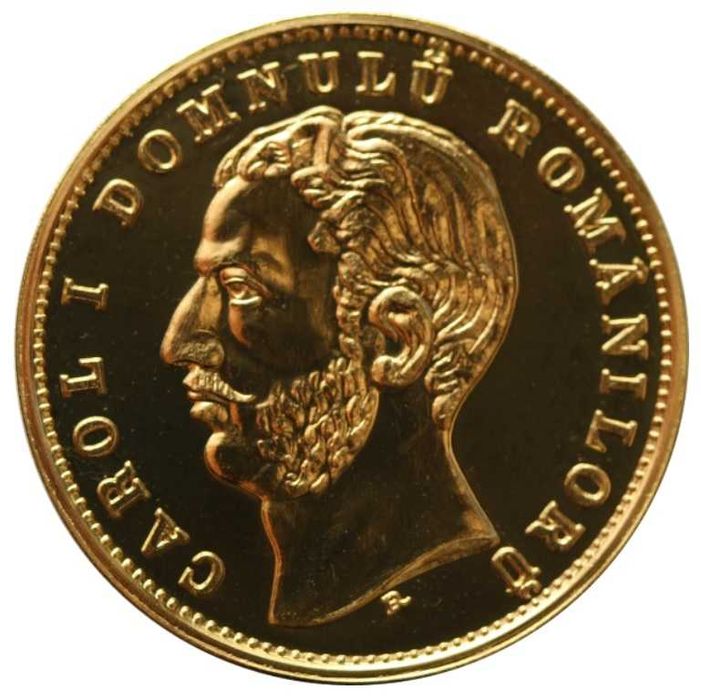 Moneda aur 20 lei 1868 pol Carol I replica BNR 2005 gradata NGC PF 63