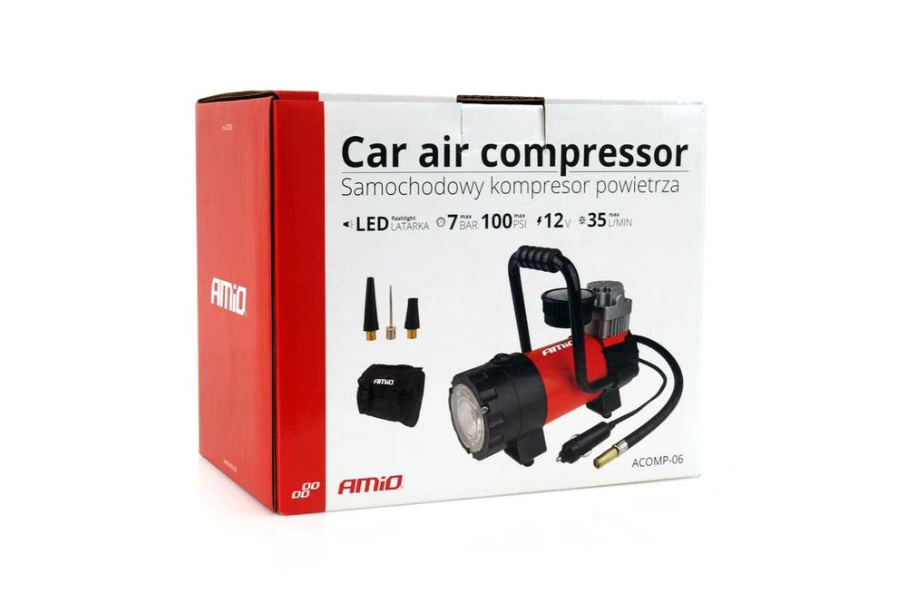 Въздушен компресор AMiO Полша 12V с манометър и LED осветление