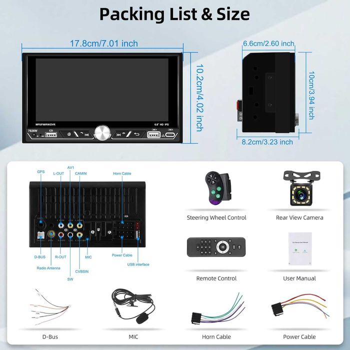 Двудиново автомобилно радио с безжичен Carplay/Android Auto, 6.8-инча