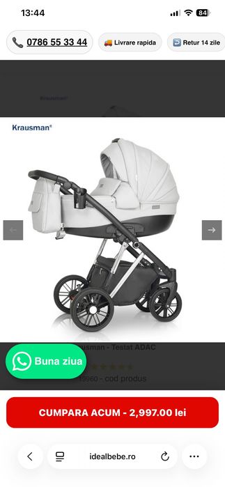 Carucior 3 in 1 LEXXO Silver Gray - Krausman - Testat ADAC  &  Scaun de masa pentru bebelusi 2 în 1, pliabil, cu tava dubla detasbila, 6–36 luni