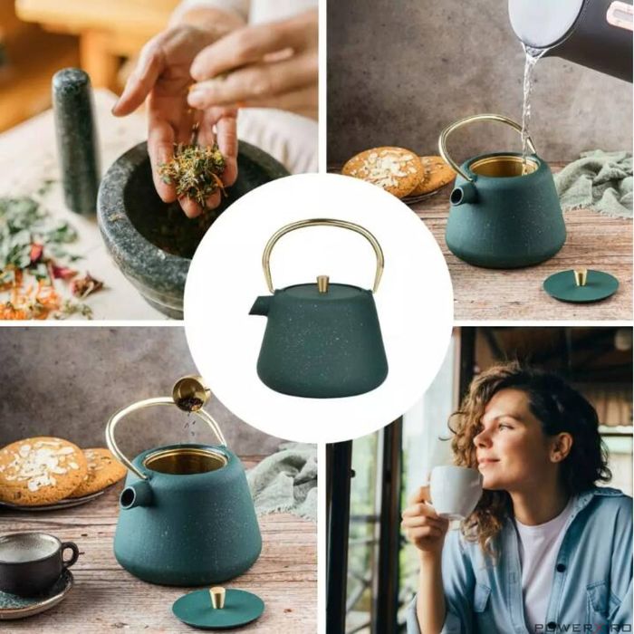 Ceainic din fonta cu strecuratoare, interior emailat, 1l, verde cu