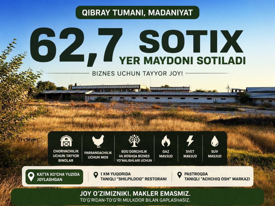 Qibray, Madaniyatda 62,7 sotix tayyor biznes hududi — ko‘cha yuzida!