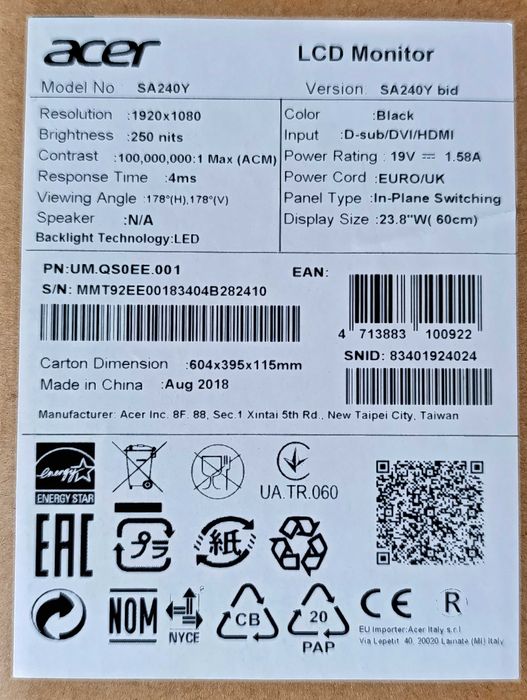 Монитор Acer SA 240Y IPS 24 Инча 60 hz