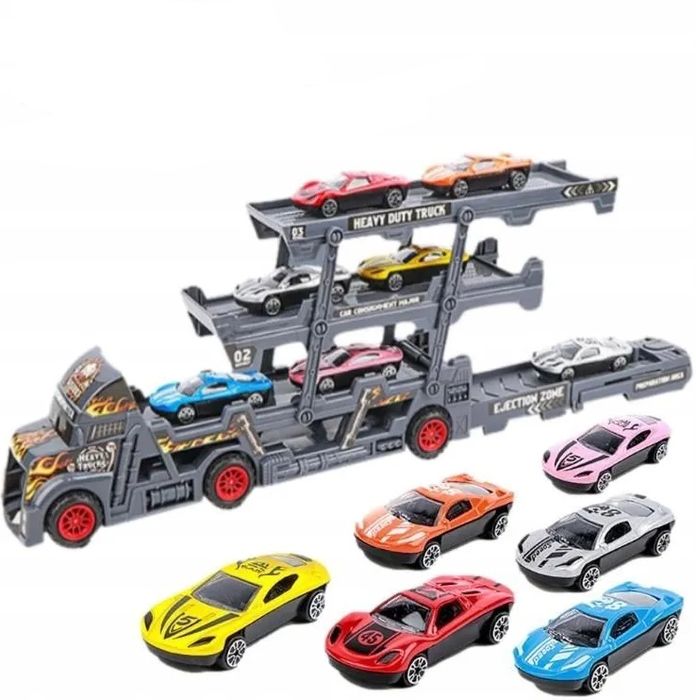Автовоз с катапулт и 6 метални коли/син/червен/черен цвят
