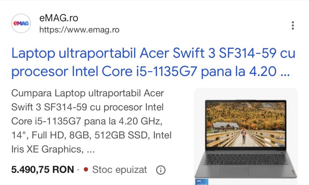 Acer Swift 3 SF314-59 Intel Core i5-1135G7 - SSD 512GB/8gb RAM-Ca NOU!
