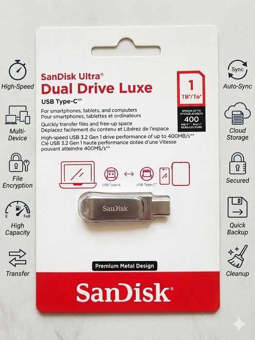 SanDisk Ultra Dual Drive Luxe 1TB USB Type-C (Metal) - Yangi