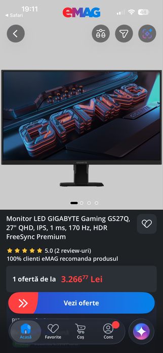 Monitor LED GIGABYTE GS27Q, 27" QHD, IPS, 1 ms, 170 Hz