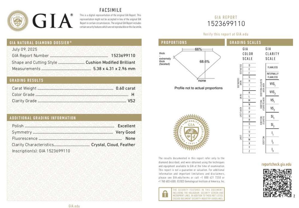 Пръстен с GIA сертифициран естествен диамант Cushion Cut 0.60ct H VS2 и диаманти 0.10ct F VS, 14K бяло злато, Общо 0.70ct диаманти, Crushed Ice Effect