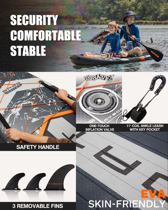 Нов, висок клас, широк 350 СМ надуваем падъл борд all-round SUP MYBOAT MY03 (Bass Hunter Grey STD) в сиво-черен с оранжев акцент дизайн.