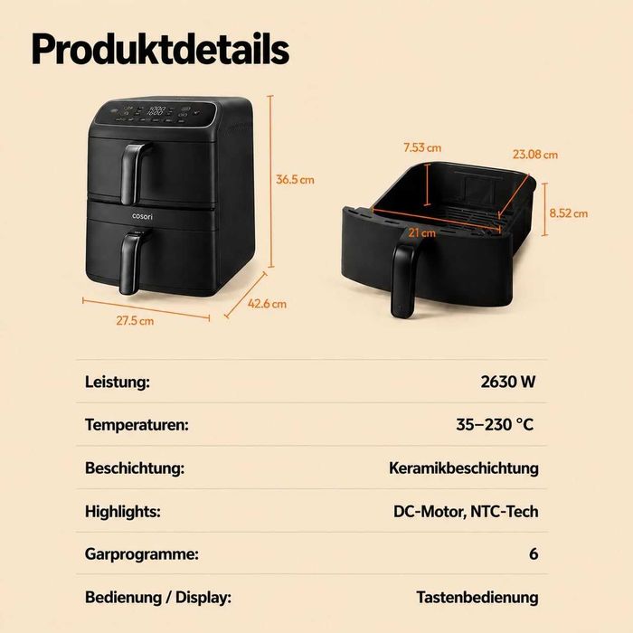 Фритюрник с горещ въздух Cosori Turbo Tower Compact CAF-DC861-AEU, 8.6L