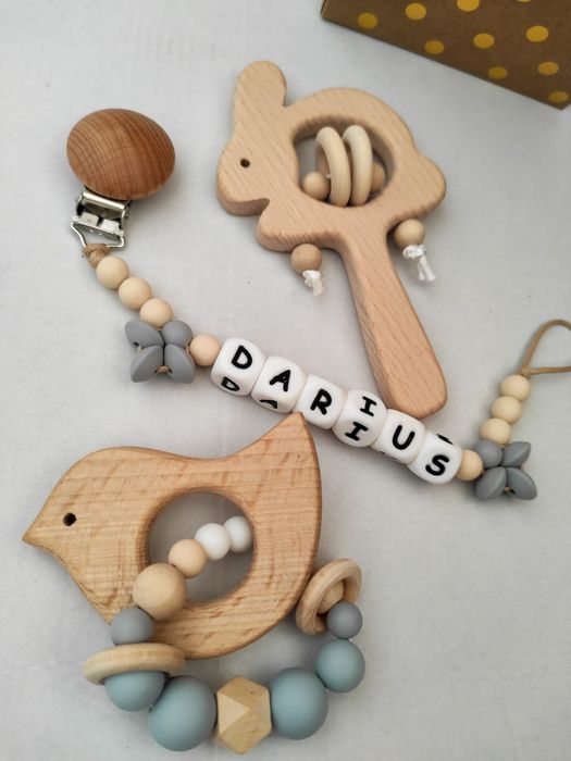 Set cadou bebeluși / cadou botez / jucării din lemn / zornăitoare lemn