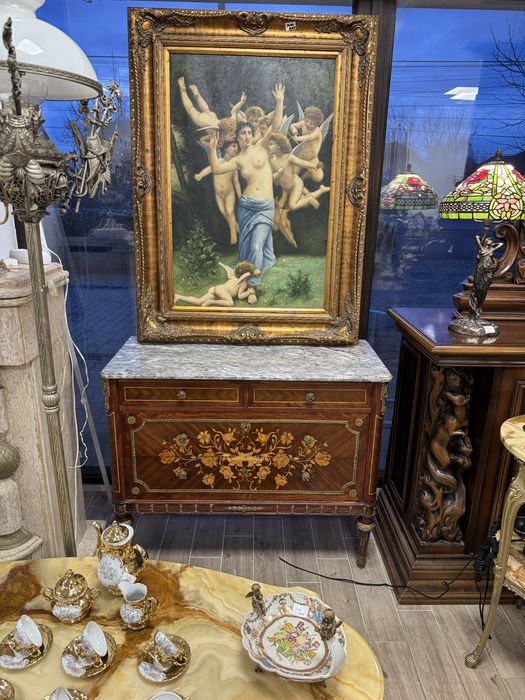 Comoda din lemn masiv cu intarsii, elemente bronz si blat marmura